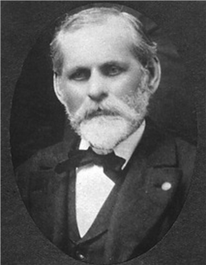 A head and shoulders portrait of a man in a suit jacket and bow tie. He has a long mustache, a white beard, and a serious expression. 